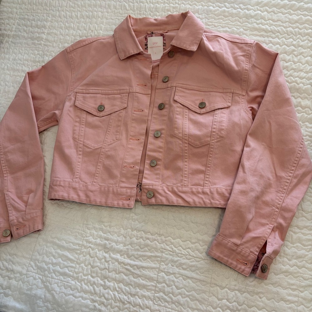 Gap x LoveShackFancy Pink Denim Jacket Cropped Floral Lining Trucker Small